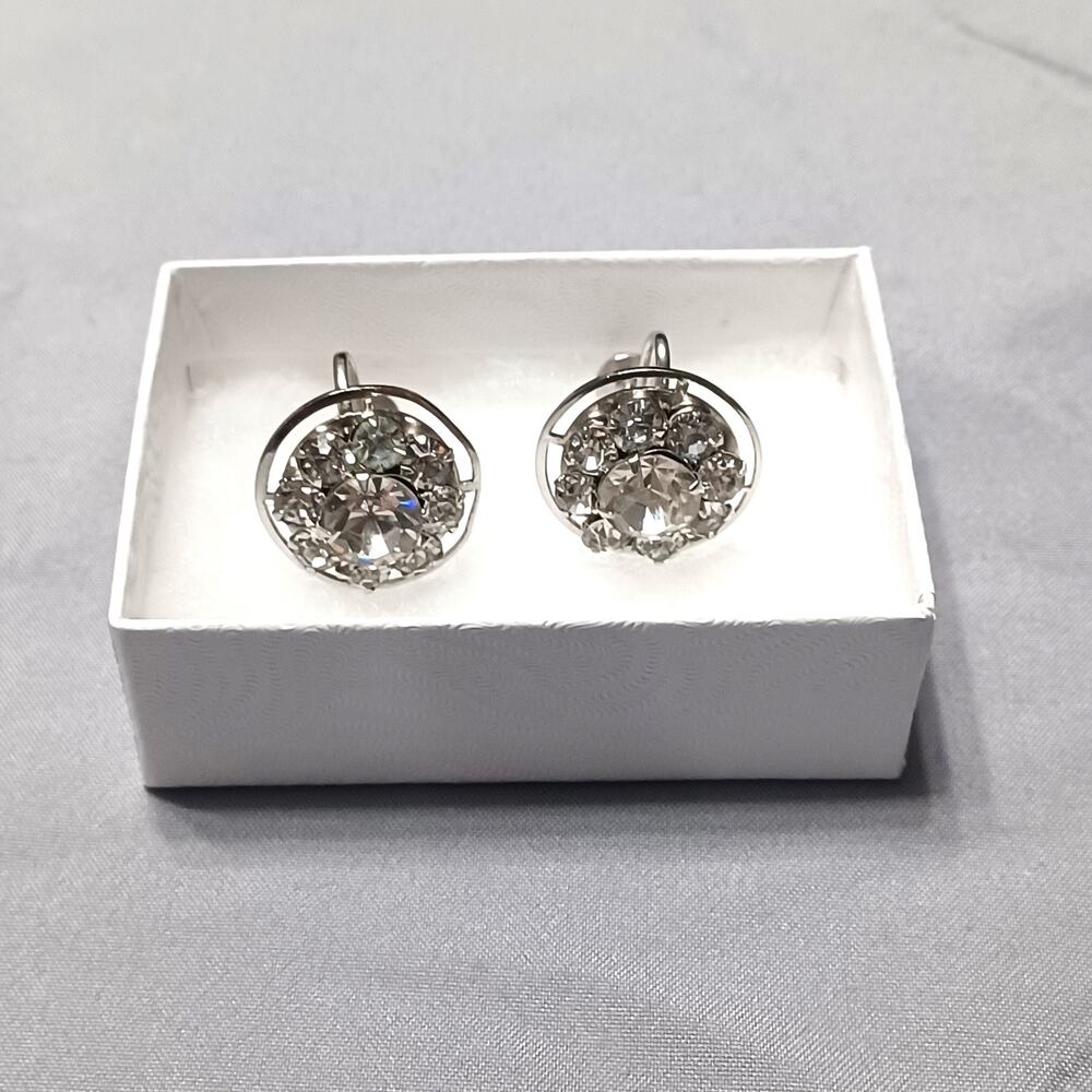 Vintage Clear Rhinestone Silver Tone Daisy Screw-back Earrings